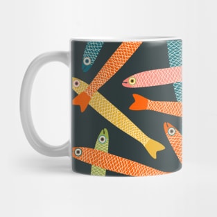 ANCHOVIES Bright Graphic Fun Groovy Fish in Vintage Orange Yellow Pink Blue Green Beige on Charcoal - Tossed Layout - UnBlink Studio by Jackie Tahara Mug